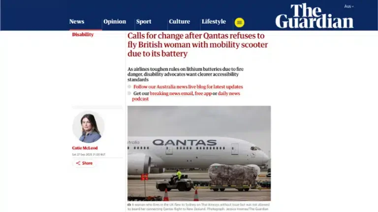 The Guardian: Calls for change after Qantas refuses to fly British woman with mobility scooter due to its battery