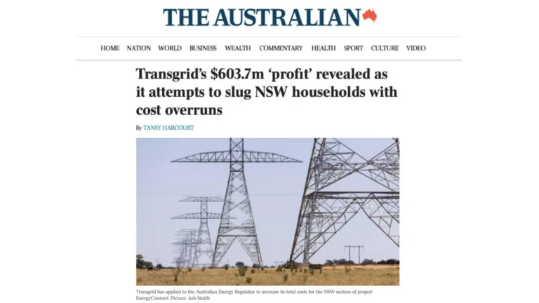 The Australian: Transgrid’s $603.7m ‘profit’ revealed as it attempts to slug NSW households with cost overruns