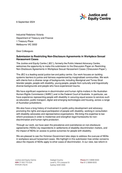 Submission to the Discussion Paper on Restricting Non-Disclosure Agreements in Workplace Sexual Harassment Cases thumbnail