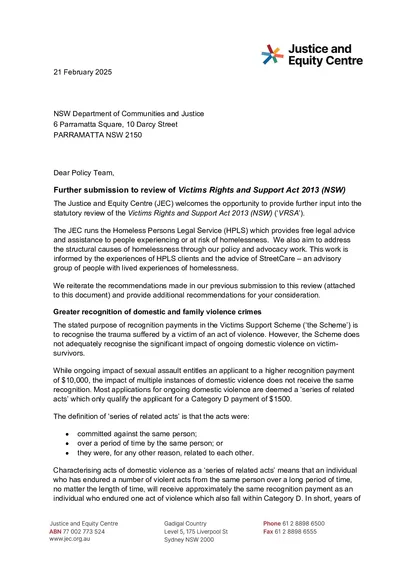 Further submission to the statutory review of the Victims Rights and Support Act 2013 thumbnail
