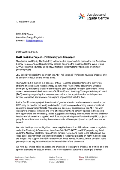 Submission to the Australian Energy Regulator on the Enabling Central-West Orana (CWO) Renewable Energy Zone (REZ) Network Infrastructure Project preliminary position paper thumbnail