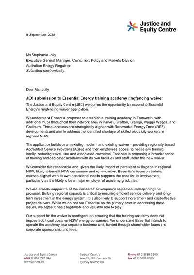 Submission to the AER on Essential Energy’s Training Academy Ringfencing Waiver Application thumbnail