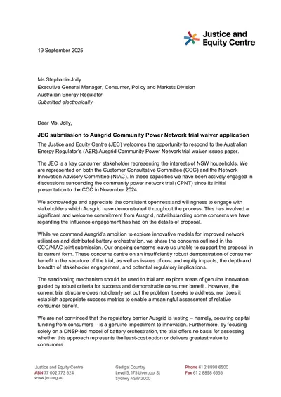 Submission to the AER’s Ausgrid Community Power Network Trial Waiver Application – Issues Paper  thumbnail