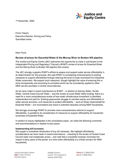 Submission to IPART on the Essential Water and the Murray River to Broken Hill Pipeline Review  thumbnail