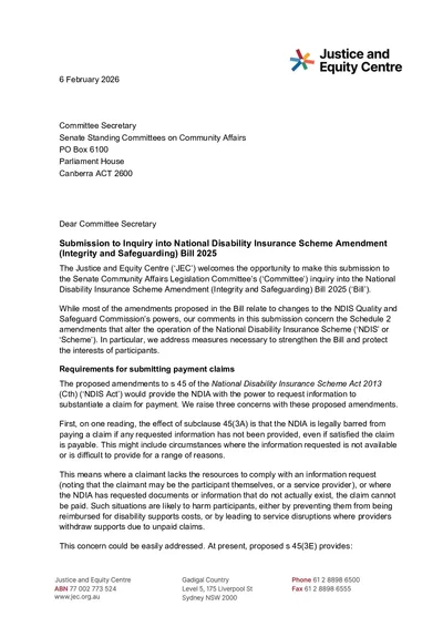 Submission to Senate Committee Inquiry on NDIS Integrity and Safeguarding Bill thumbnail