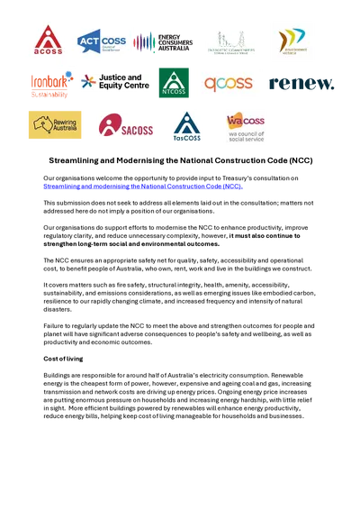 Joint submission in response to the Federal Treasury’s Streamlining and Modernising the National Construction Code discussion paper  thumbnail