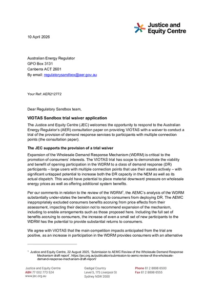 Submission to the AER in response to VIOTAS Sandbox trial waiver application thumbnail