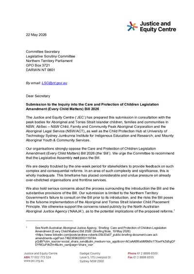 Submission to the Inquiry into the NT Care and Protection of Children Legislation Amendment (Every Child Matters) Bill 2026 thumbnail