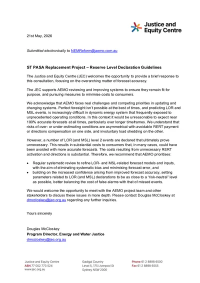 Submission in response to the AEMO’s ST PASA Replacement Project – Reserve Level Declaration Guidelines consultation  thumbnail