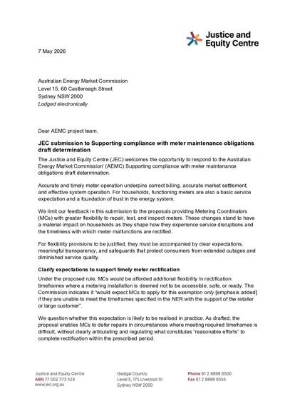 Submission in response to the AEMC’s draft determination on Supporting compliance with meter maintenance obligations thumbnail