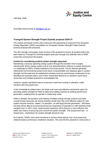 Submission in response to the AER’s consultation on Transgrid’s System Strength Project (hybrid) proposal 2026-31 thumbnail