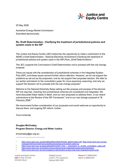 Submission in response to the AEMC’s Clarifying the treatment of jurisdictional policies and system costs in the ISPdraft determination thumbnail