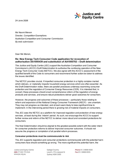 Submission in response to the ACCC’s New Energy Tech Consumer Code draft determination thumbnail