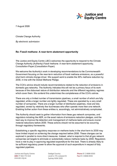 Submission in response to CCA’s Fossil Methane: A near-term abatement opportunity consultation paper thumbnail